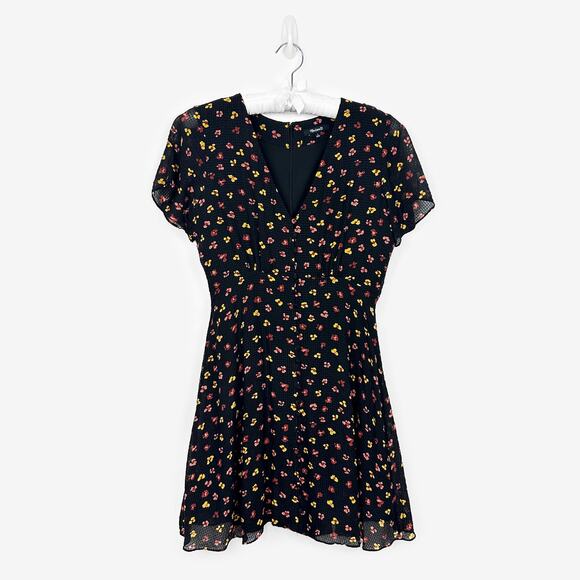 Madewell Silk Button-Front Swing Mini Dress Size 4 Black Feline Floral Soft Girl - Picture 1 of 4